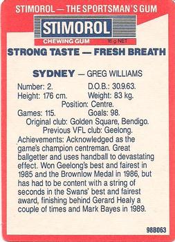 1990 AFL Scanlens Stimorol #74 Greg Williams Back